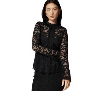 J.Crew Black Lace Mockneck Top NWT Size 4 | Scalloped Hem, Sheer Sleeves